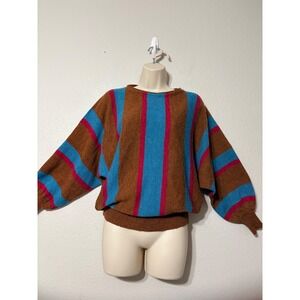 Vintage Ricki Miss Erika Striped Batwing Sleeve Knit Sweater Brown Blue Pink 80s